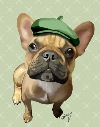 Framed Brown French Bulldog with Green Hat Print