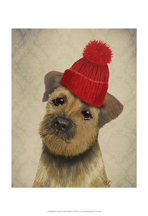 Framed Border Terrier with Red Bobble Hat Print