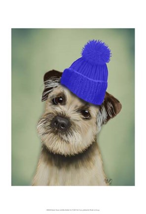 Framed Border Terrier with Blue Bobble Hat Print