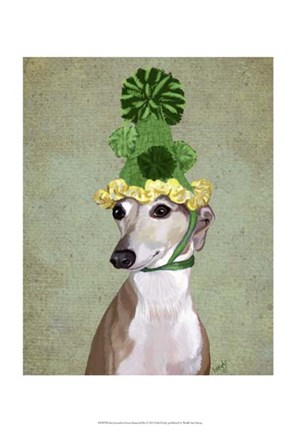 Framed Greyhound in Green Knitted Hat Print