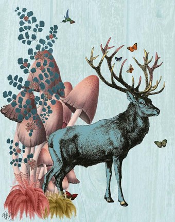 Framed Turquoise Deer in Mushroom Forest Print