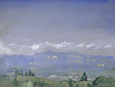 Framed Mountain Landscape with a Village in the Foreground Print