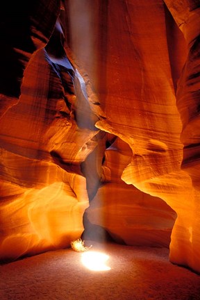 Framed Sun Shining Beam of Light onto Canyon Floor, Upper Antelope Canyon Print