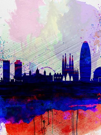 Framed Barcelona Watercolor Skyline 2 Print