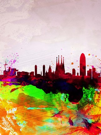 Framed Barcelona Watercolor Skyline Print