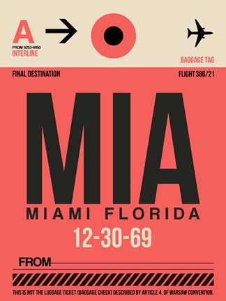 Framed MIA Miami Luggage Tag 1 Print