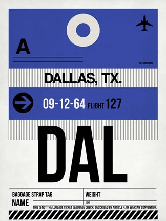 Framed DAL Dallas Luggage Tag 1 Print