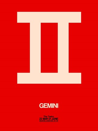 Framed Gemini Zodiac Sign White on Red Print