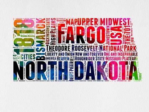 Framed North Dakota Watercolor Word Cloud Print
