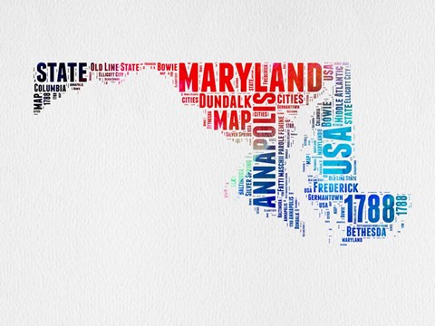 Framed Maryland Watercolor Word Cloud Print
