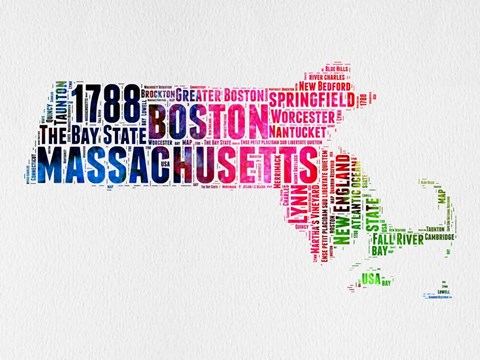 Framed Massachusetts Watercolor Word Cloud Print