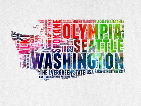 Framed Washington Watercolor Word Cloud Print