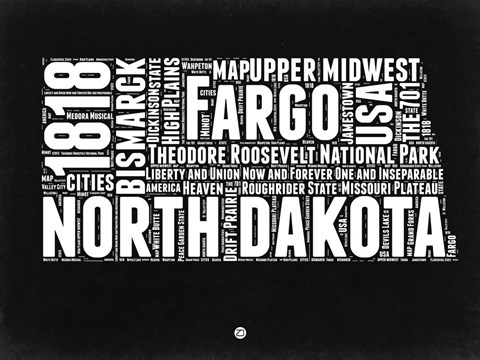 Framed North Dakota Black and White Map Print