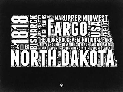 Framed North Dakota Black and White Map Print