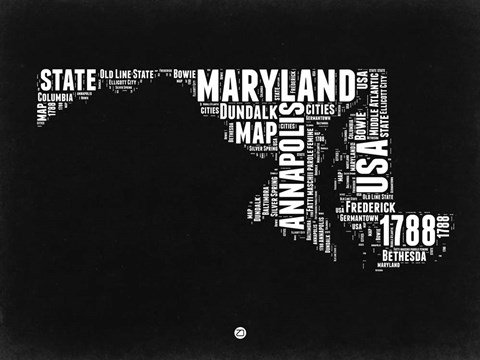 Framed Maryland Black and White Map Print