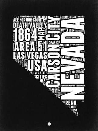 Framed Nevada Black and White Map Print