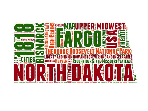 Framed North Dakota Word Cloud Map Print