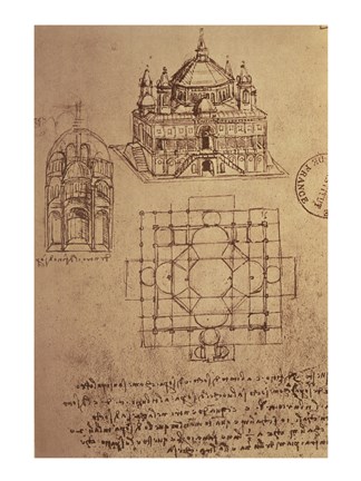 Framed Sketch of a Square Church with Central Dome &amp; Minaret Print