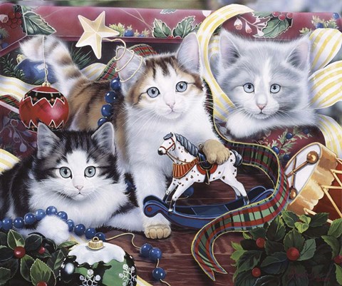 Framed Christmas Kittens And All The Trim'Ns Print