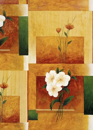 Framed White Flower on Green and Yellow 2 Print