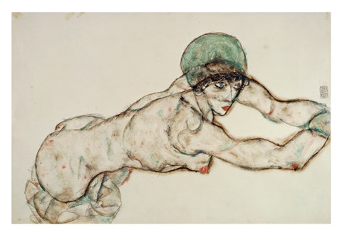 Framed Reclining Female Nude with Green Cap, Leaning to the Right, 1914 Print