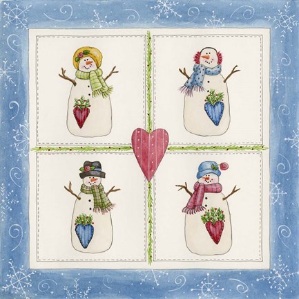 Framed Four Snowmen With Heart Pockets Print