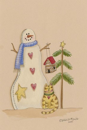 Framed Snowman With Cat Print