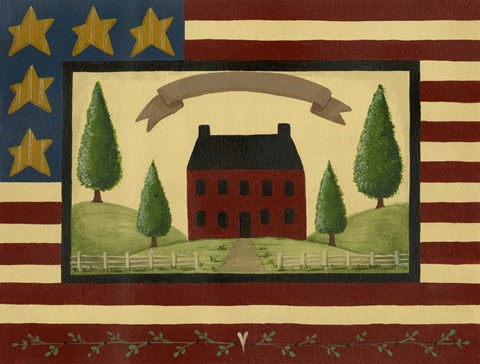 Framed Red House With Flag Border Print