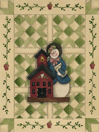 Framed Snowwoman Teacher With Schoolhouse Print