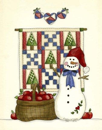 Framed Snowman With Guilt &amp; Apples Print