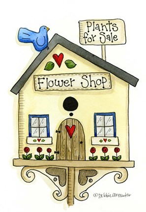 Framed Flower Shop Birdhouse Print