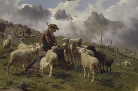 Framed Shepherd Boy in the Pyrenees Offering Salt to his Sheep, 1864 Print