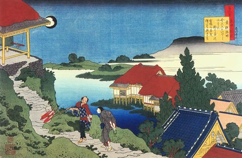 Framed Man Walks up to a Temple in the Early Morning Print