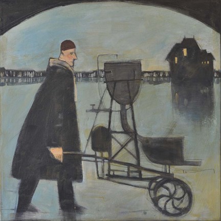 Framed Man Walking Machine On Beach 2 Print