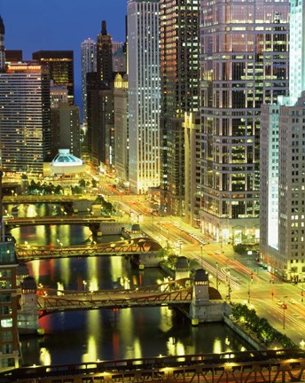 Framed Skyscrapers at Night, Chicago River, Illinois Print