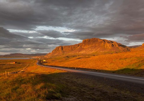 Framed Sunset over Road, Borgarfjordur, Iceland Print