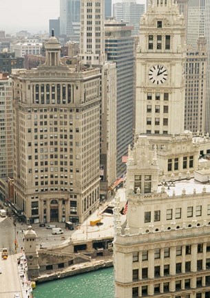 Framed Clock tower along a river, Wrigley Building, Chicago River, Chicago, Illinois, USA Print