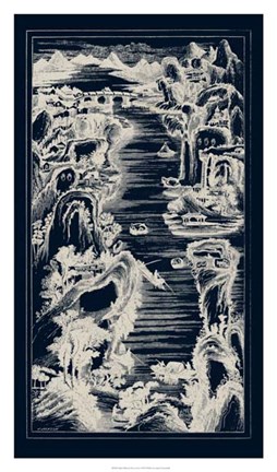 Framed Chinese Bird&#39;s-eye View in Navy I Print