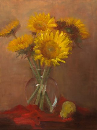 Framed Sunflowers and Red Cloth Print