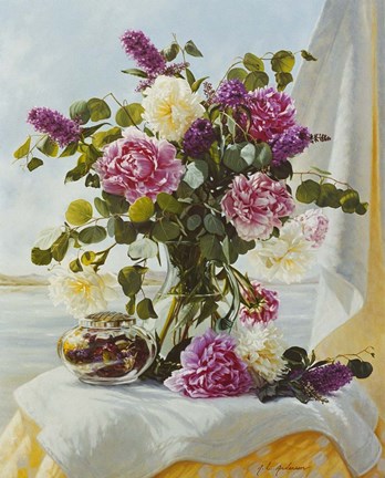 Framed Peonies By The Lake Print