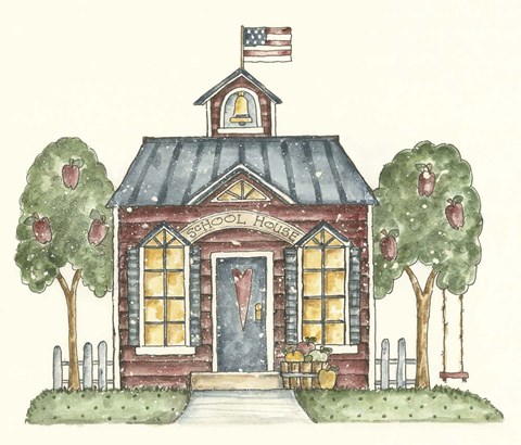 Framed Schoolhouse With Flag Print