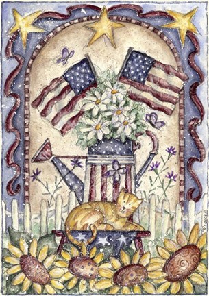 Framed Garden Cat and Flags Print