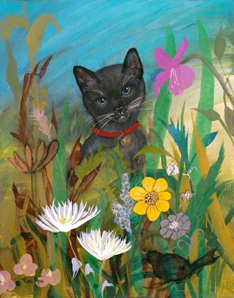 Framed Cat in the Garden Print