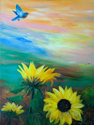 Framed BlueBird Flying Over Sunflowers Print