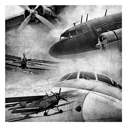 Framed Vintage Plane Montage BW Print