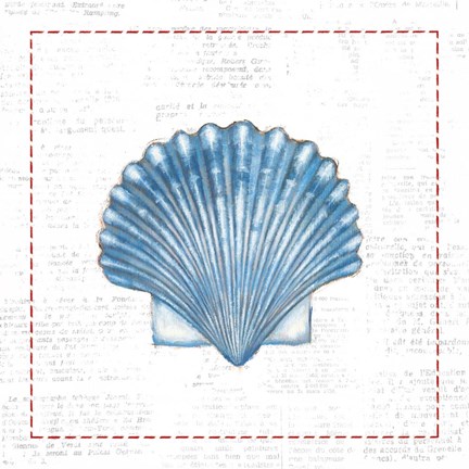 Framed Navy Scallop Shell on Newsprint with Red Print