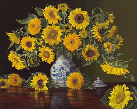 Framed Sunflowers in Blue and White Vase Print