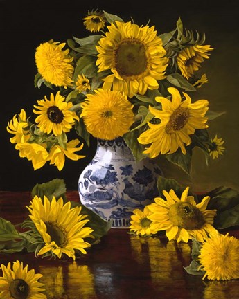 Framed Sunflowers in Blue &amp; White Chinese Vase Print