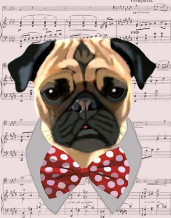 Framed Pug with Red and White Spotty Bow Tie Print