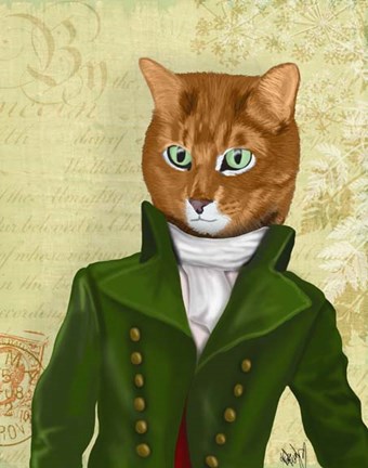 Framed Ginger Cat in Green Coat Print